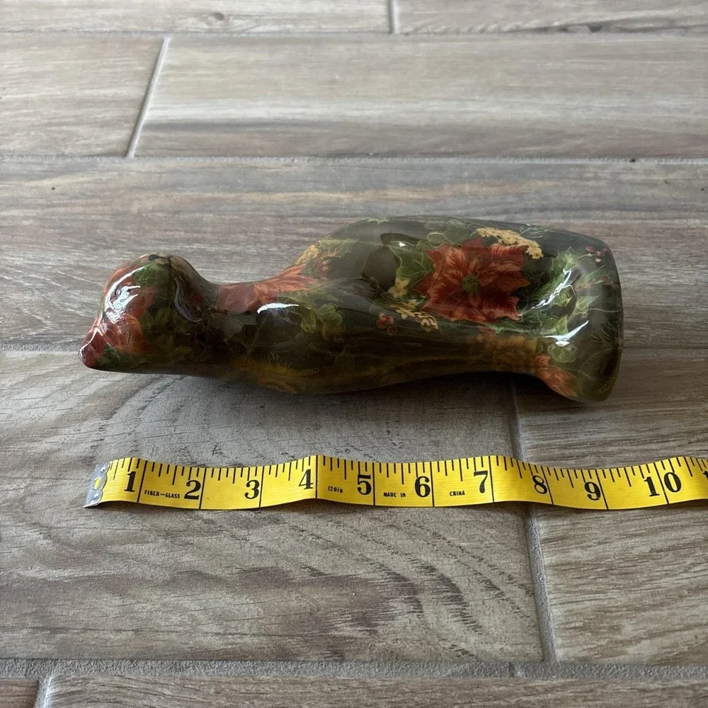 Vintage Cat‎ Decoupage Look Poinsettia Green Floral Figurine Statue 9